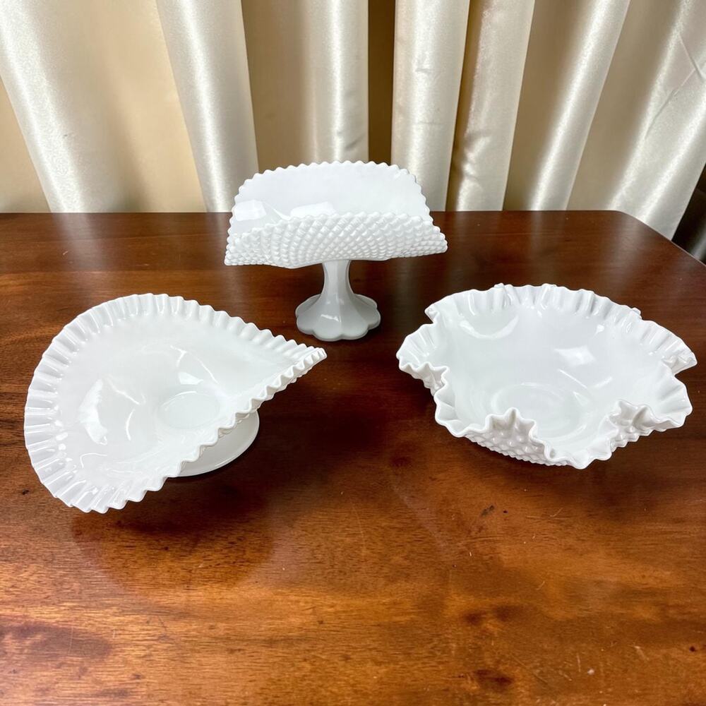 Vintage Fenton Milk Glass Hobnail Lot 3 Ruffled Pedestal Stand Banana Boat Bowl